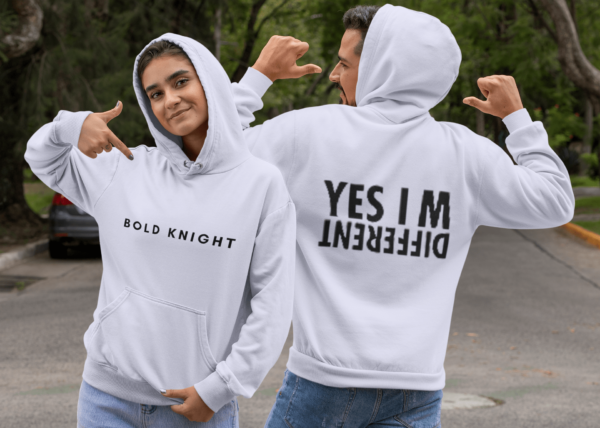 both sides view mockup of a couple pointing at their pullover hoodies