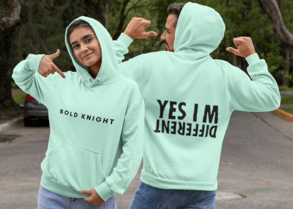 both sides view mockup of a couple pointing at their pullover hoodies